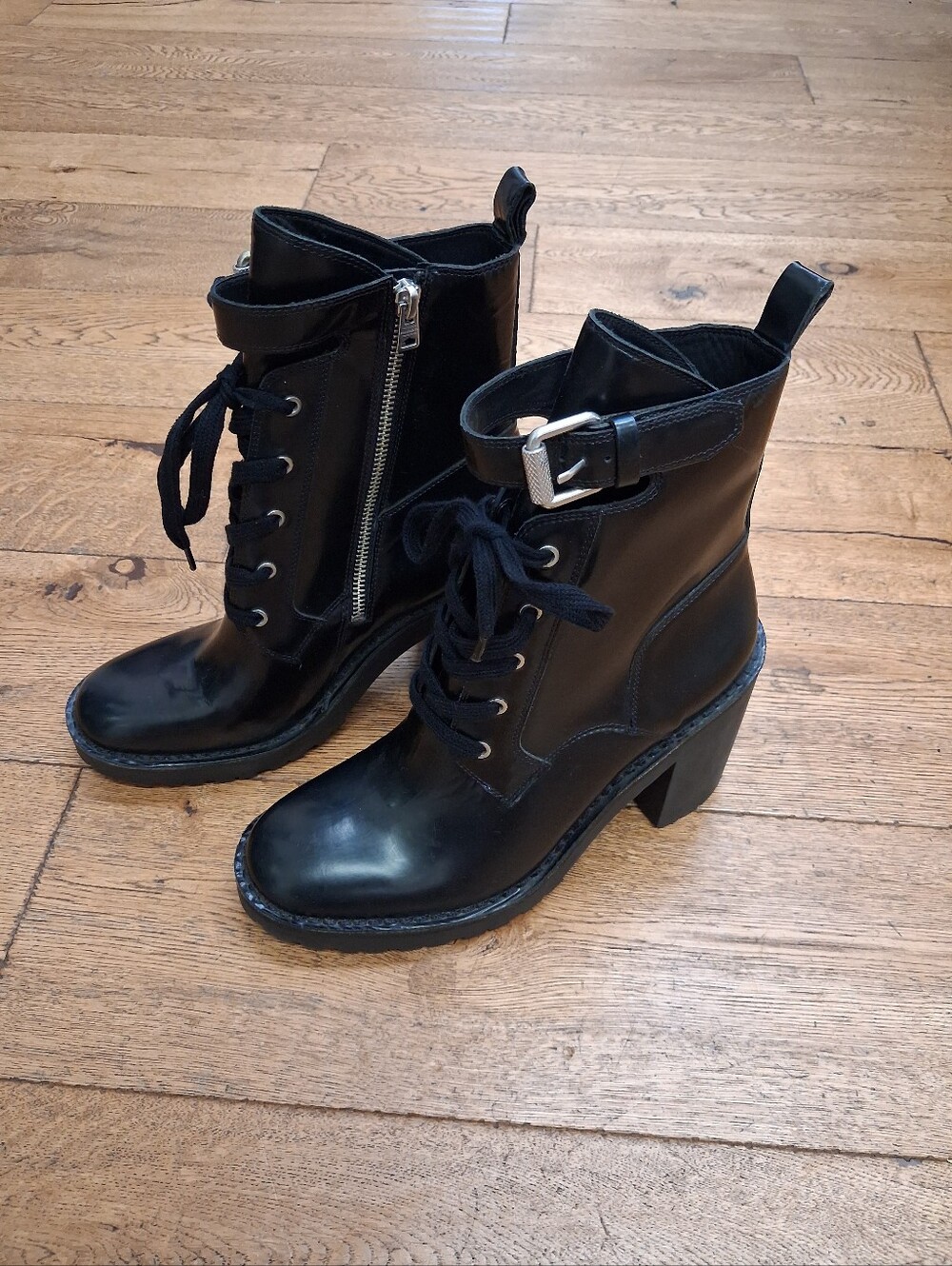AllSaints Cacey Black Leather Buckle Lace Up Block Heel Combat Boots Size 9 - Picture 3 of 6